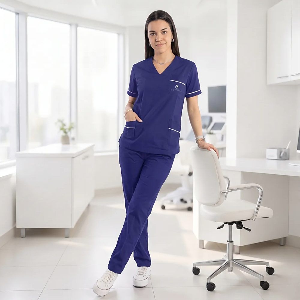 Operaria de Crystal con el uniforme azul en una oficina